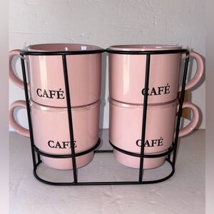 NWT - 4pc Pink Ceramic “Cafe” 15 oz Stackable Coffee Mugs